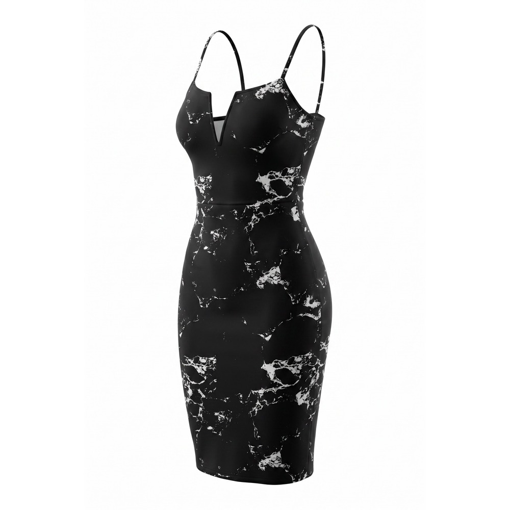 Charlotte Russe Black White Marble Print Notched V-Neck Bodycon Midi Dress Small